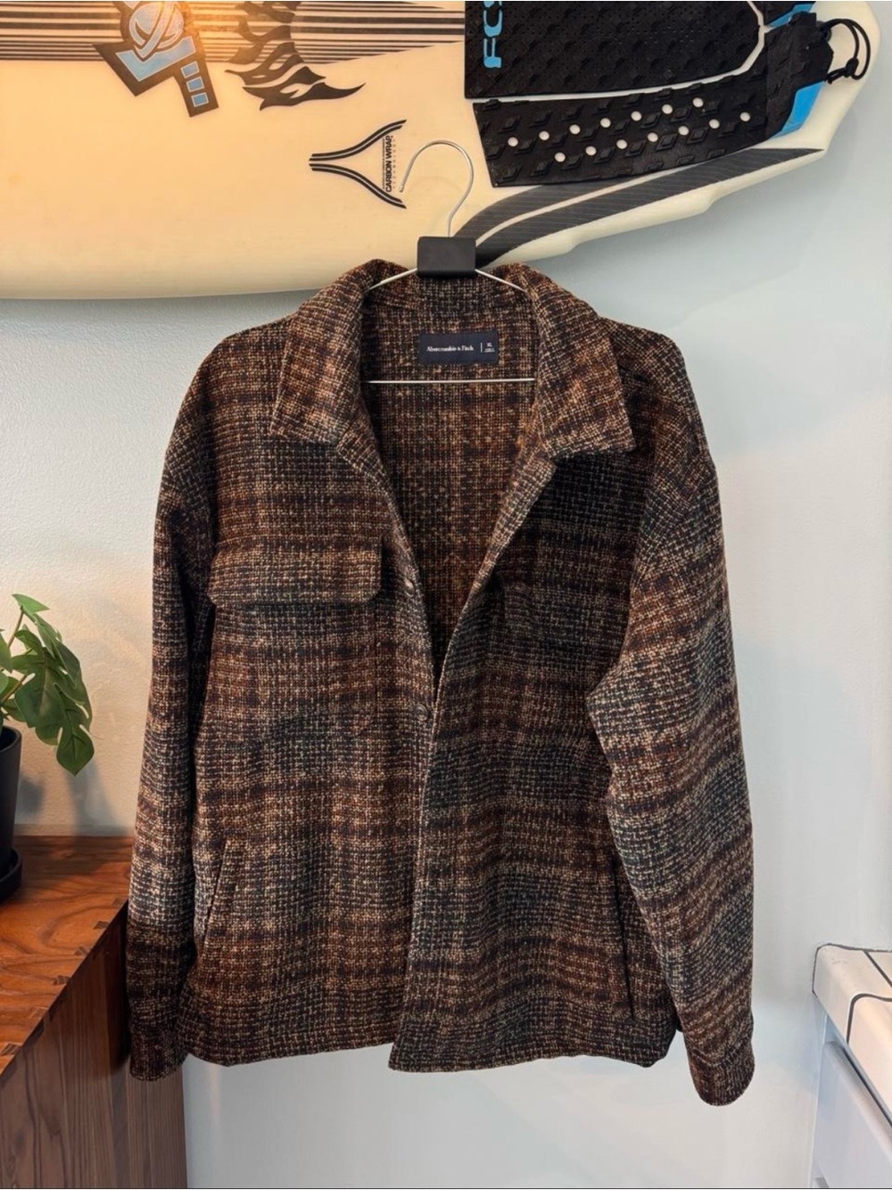Abercrombie & Fitch Plaid Shirt Jacket Men’s XL Brown Green Tweed Overshirt